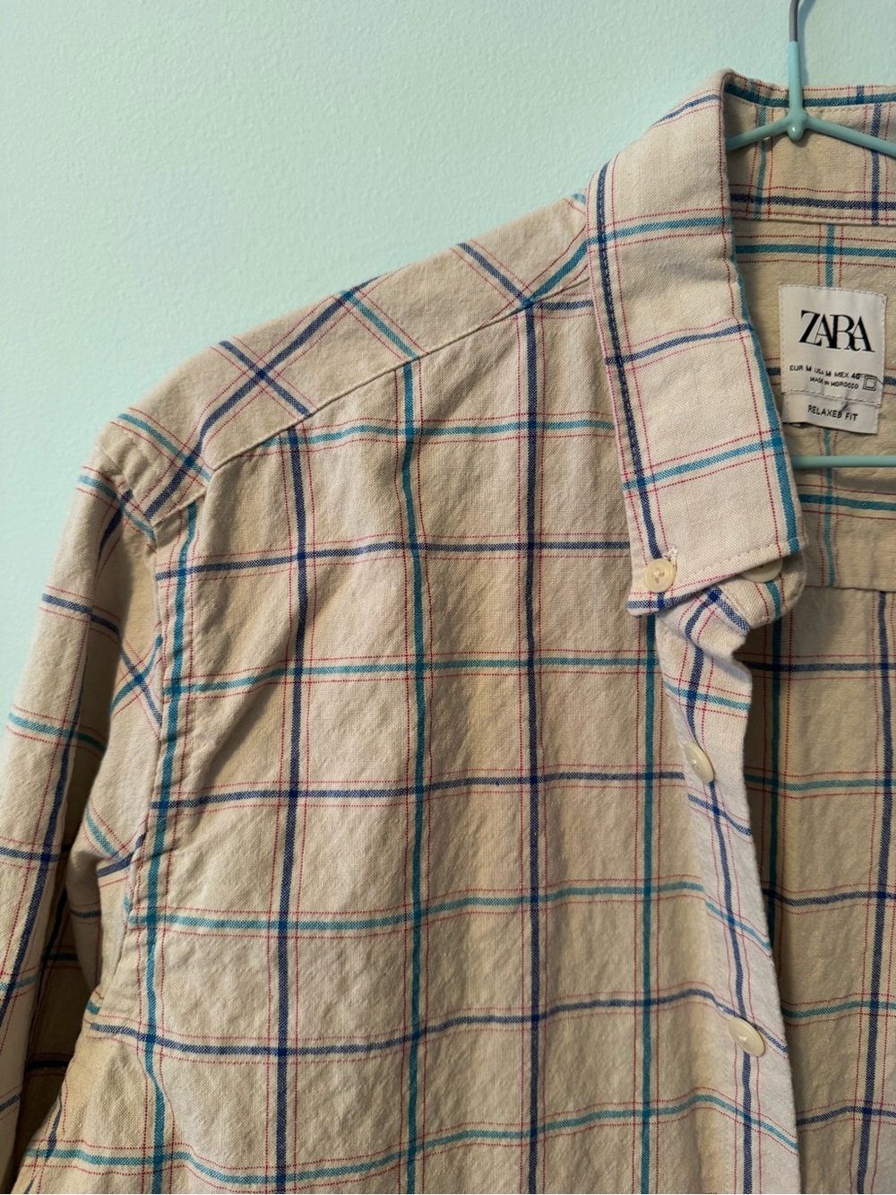 Zara Beige Plaid Button-Down Shirt with multi-color grid pattern